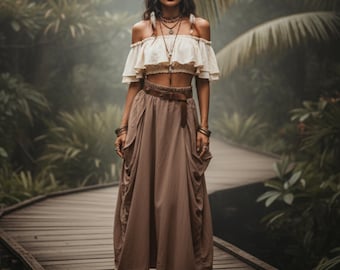 Spódnica maxi z bawełny | Długa spódnica z ekologicznej skóry z kieszeniami | Regulowana długość