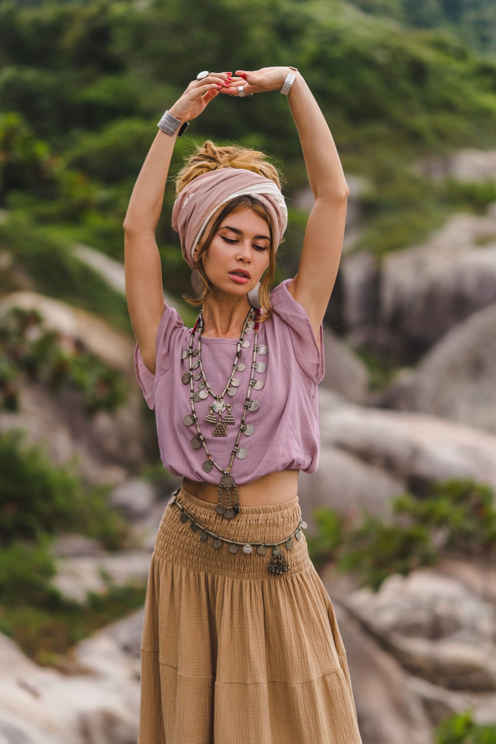 Top corto con gorra para mujer en violeta/algodón natural/top bohemio