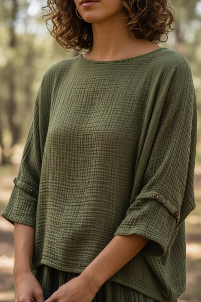 May include: Olive green top with a textured, crinkled fabric. It has a round neckline and three-quarter sleeves with buttoned cuffs. The garment has a relaxed fit, suitable for casual wear. The fabric appears to be a lightweight material.