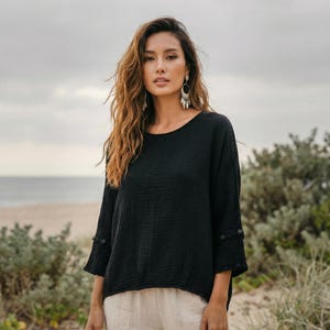 Women's Gauze Cotton Top Shirt Undyed / Boho Organic Cotton Top Black