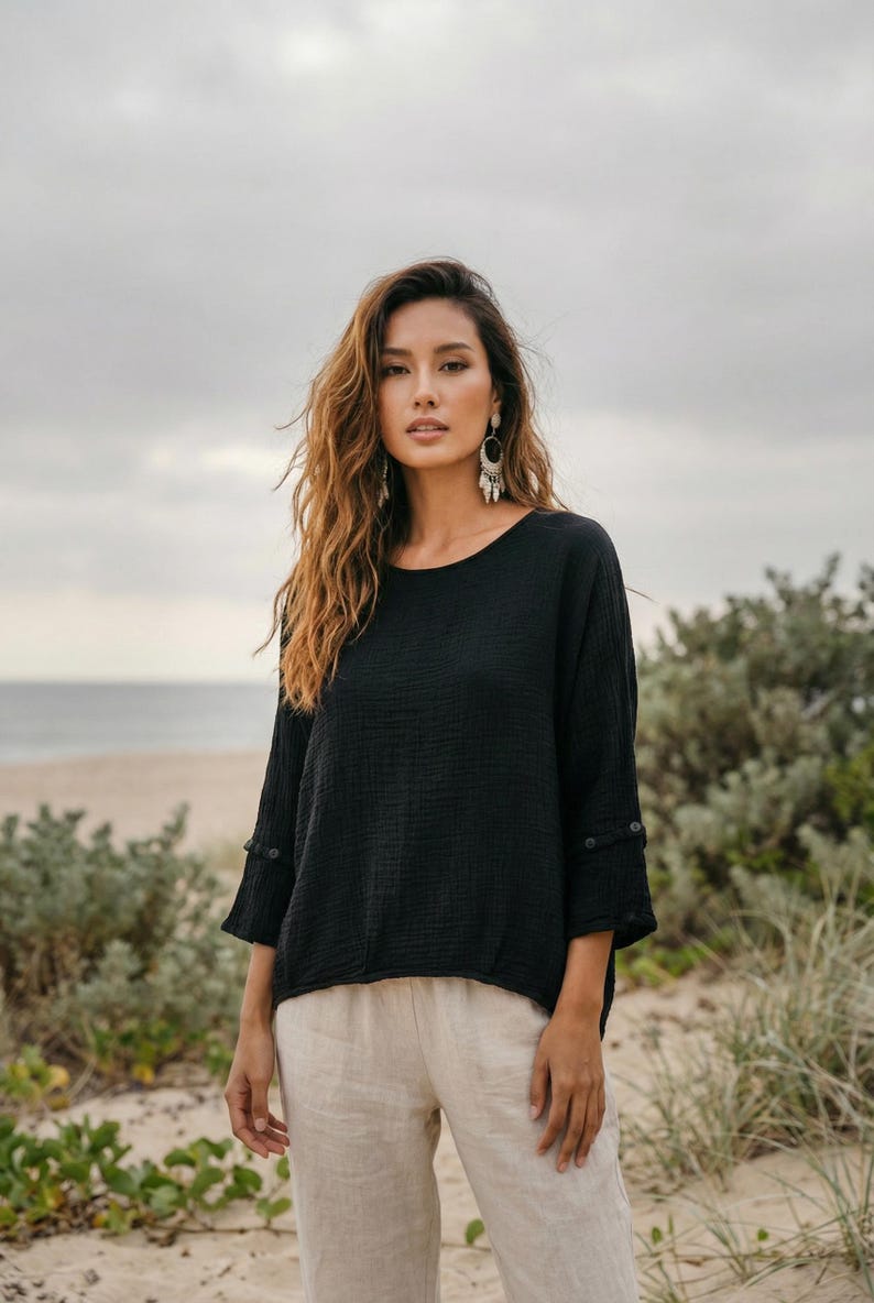 Women's Gauze Cotton Top Shirt Undyed / Boho Organic Cotton Top Black