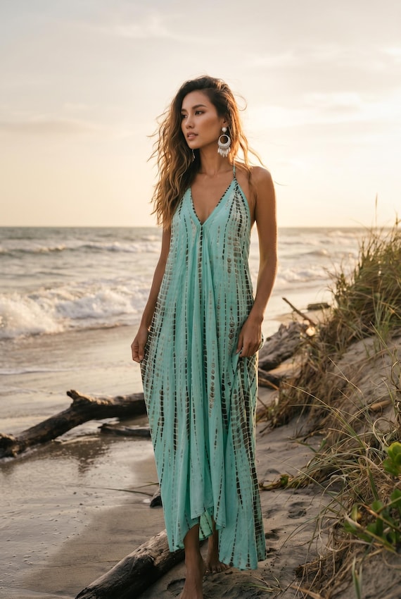 Boho Maxi Dress Turquoise / Open Back Dress / Summer Tie Dye Dress