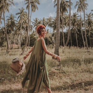 Boho Dress Maxi Wayan with Pockets / Bohemian Dress / Natural Cotton Olive
