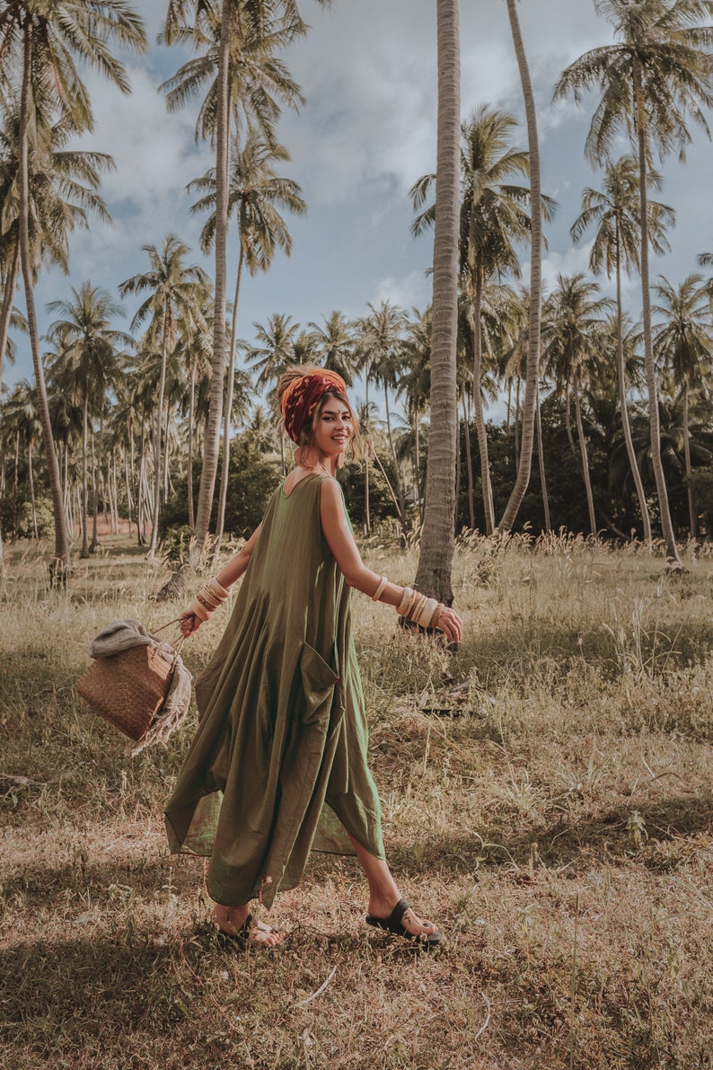 Boho Dress Maxi Wayan with Pockets / Bohemian Dress / Natural Cotton Olive