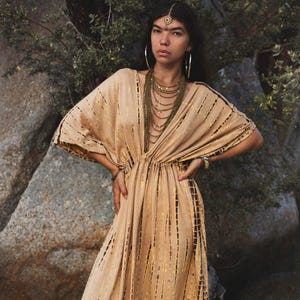 Boho Tie Dye Kaftan Dress / Loose Maxi Dress Resort Wear V- Neck Open Back