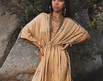 Boho Tie Dye Kaftan Dress / Loose Maxi Dress Resort Wear V- Neck Open Back
