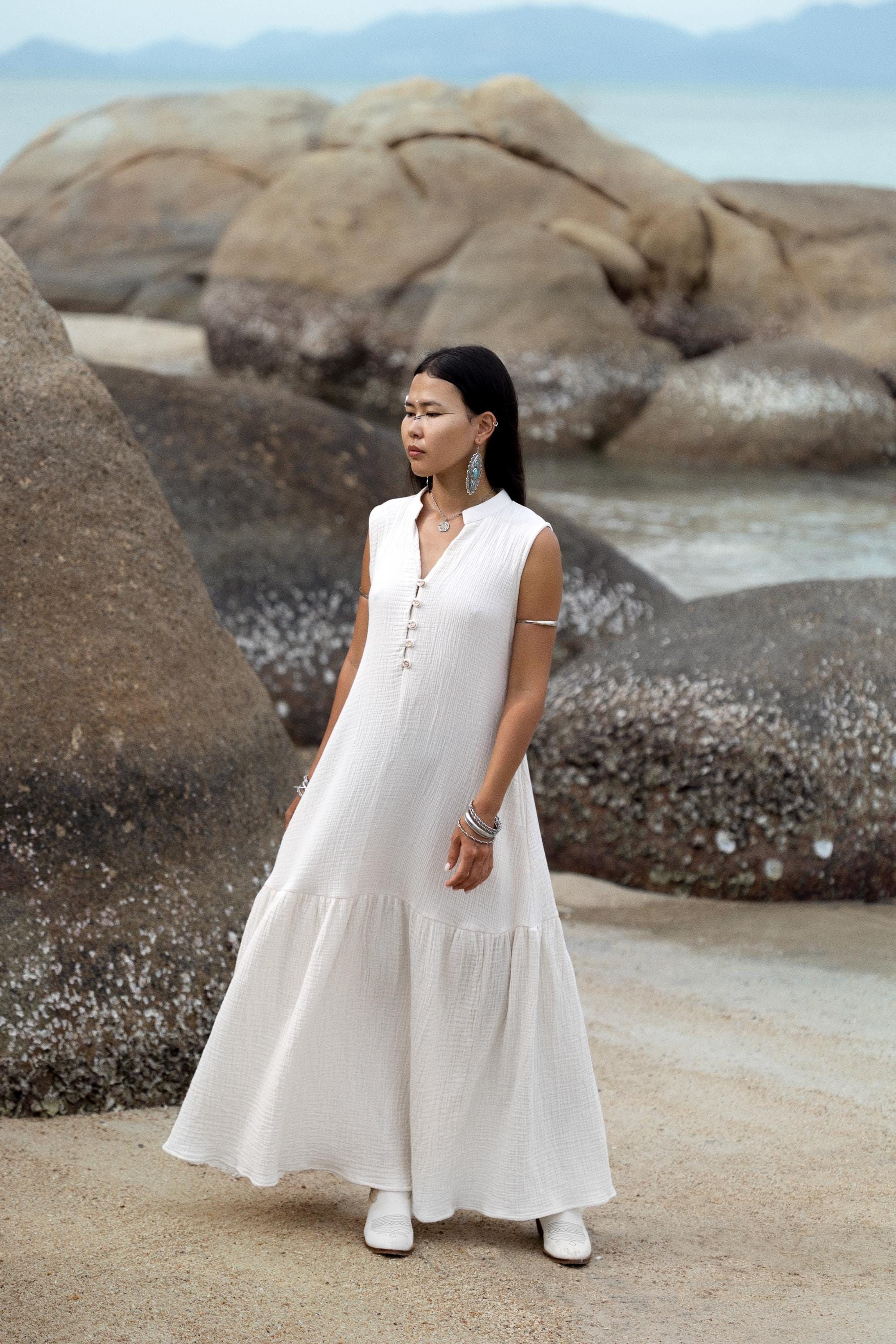 Maxi Cotton Dress with Pockets / Sleeveless Boho Dress Aiyana Cream
