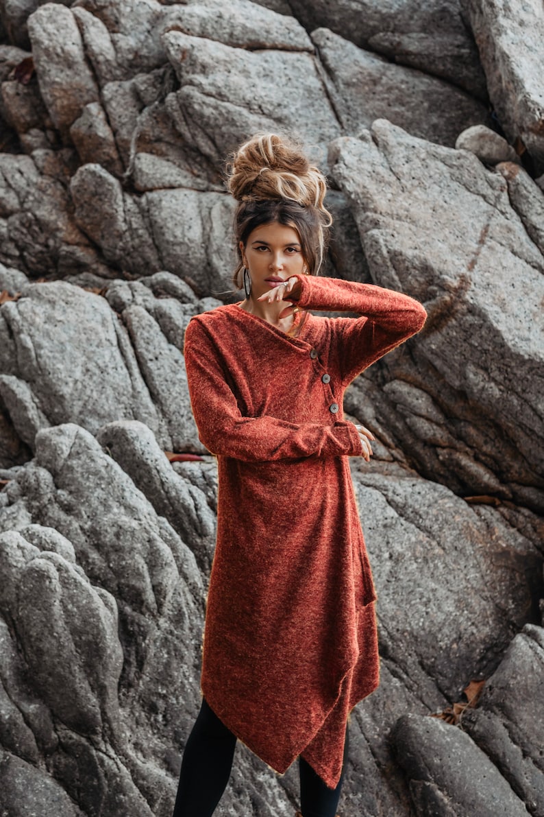 Womens Hooded Sweater Coat Amita In Olive / Half Season Coat Pullover / Bohemian Brick