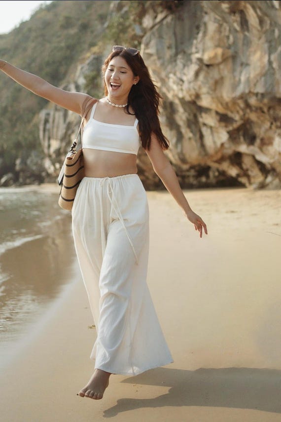 Pantalones cómodos de algodón para mujer Anda Cream Boho