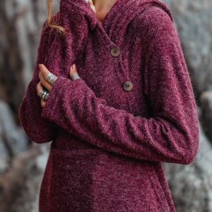 Womens Hooded Sweater Coat Amita In Olive / Half Season Coat Pullover / Bohemian Red