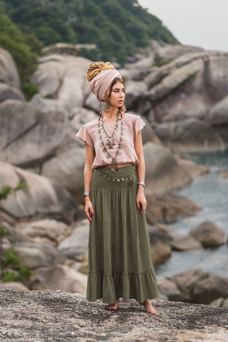 Maxi Skirt & Dress Aotea in Sand / Double Gauze Long Skirt / Organic Cotton Olive