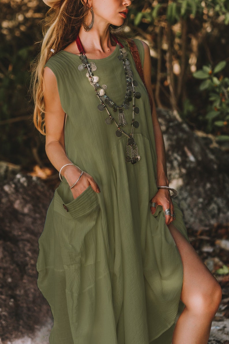 Boho Dress Maxi Wayan with Pockets / Bohemian Dress / Natural Cotton Olive