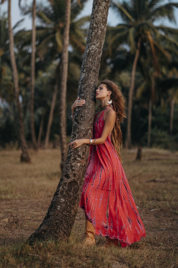 Boho Maxi Dress Red / Beach Cover Up / Summer Tie Dye Dress
