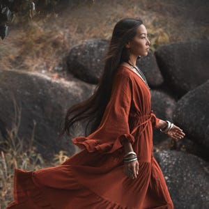 Boho Maxi Dress / Cotton Tiered Dress / Long Sleeve Fall Gown  / Flowy Cottagecore Outfit / Natural Fabric / Aryu Dress