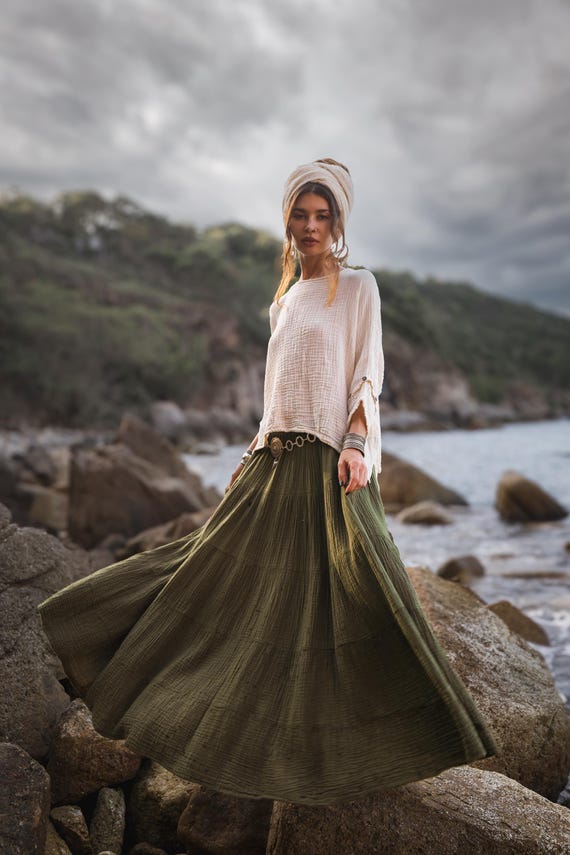 Red Long Maxi Skirt Midi Skirt With Pockets 9mm Cotton Maxi Skirt