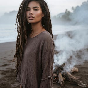 Women's Gauze Cotton Top Shirt Undyed / Boho Organic Cotton Top Mocha