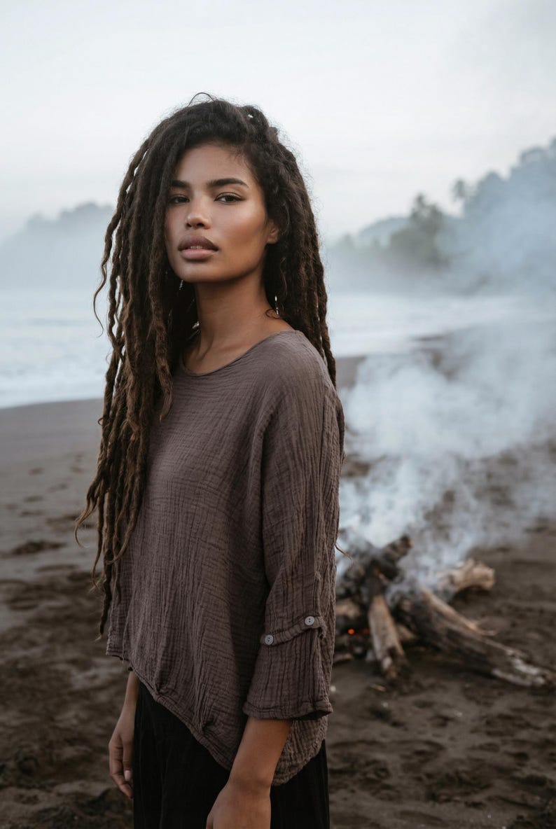Women's Gauze Cotton Top Shirt Undyed / Boho Organic Cotton Top Mocha