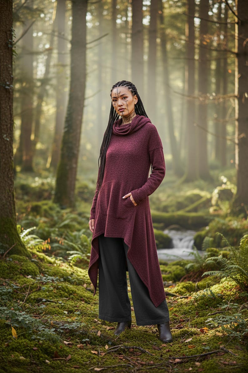 Long Women's Hooded Sweater / Long Boho Coat Dress Bohemian Clothing image 5