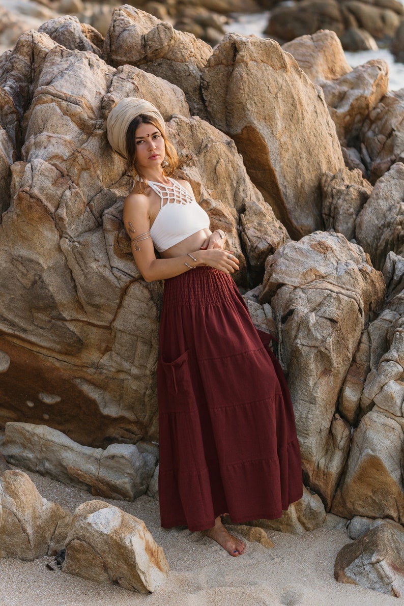 Spódnica maxi Keela w kolorze oliwkowym / Długa spódnica z kieszeniami / Bawełna organiczna Red