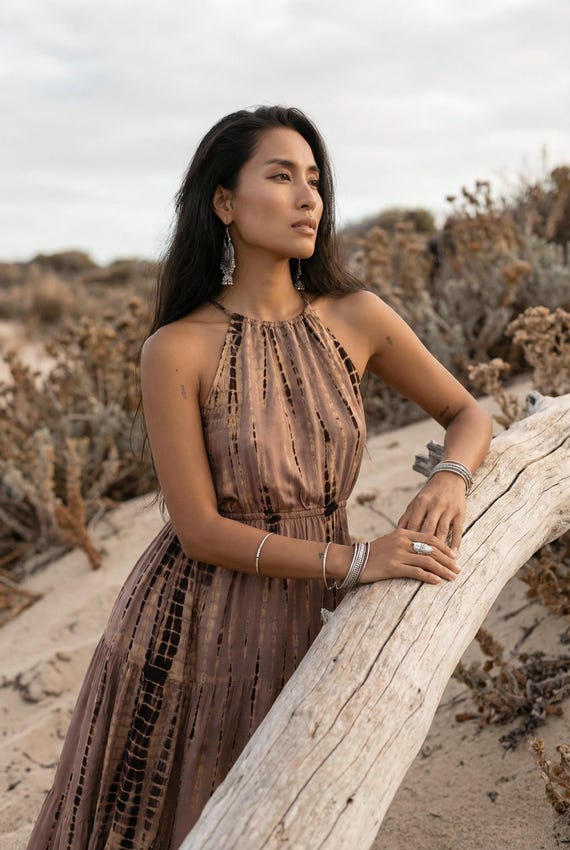 boho halter neck maxi dress Boho Tie Dye Maxi Dress / Halter Neck Tiered Long Dress