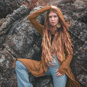 Women&#39;s Long Hooded Cardigan Caramel / Boho Style Cardigan