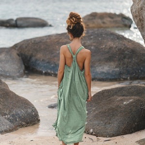 Robe Poche Sans Manches Mahika Marron / Robe Boho / 100% Coton Mythic Green