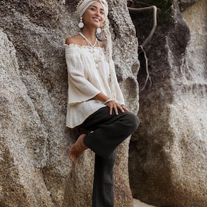 Pantaloni in cotone da donna / Pantaloni Yogana oliva / Cotone garzato super morbido