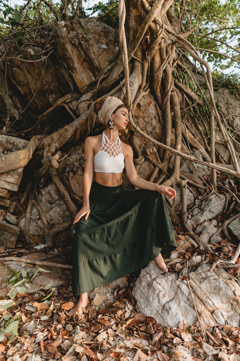 Olive Floral Maxi Skirt with Pockets