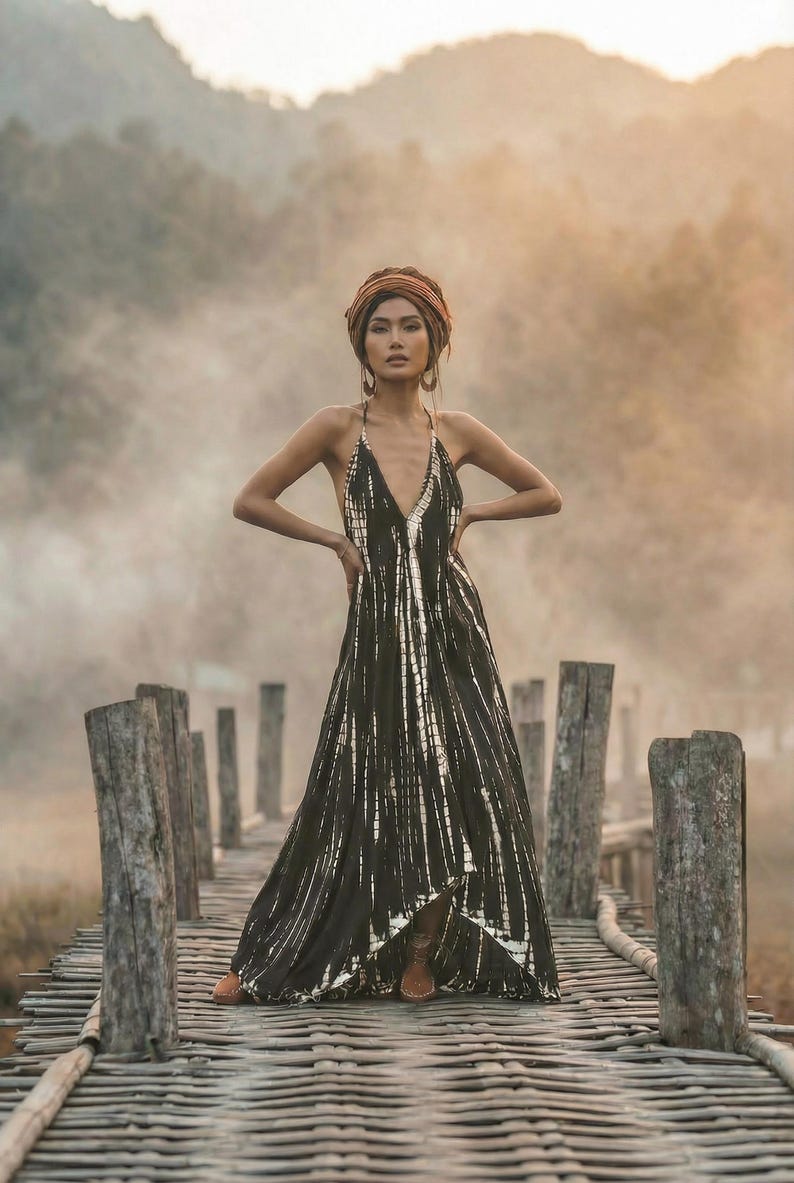 Boho Maxi Dress Black / Beach Cover Up / Summer Tie Dye Dress image 13