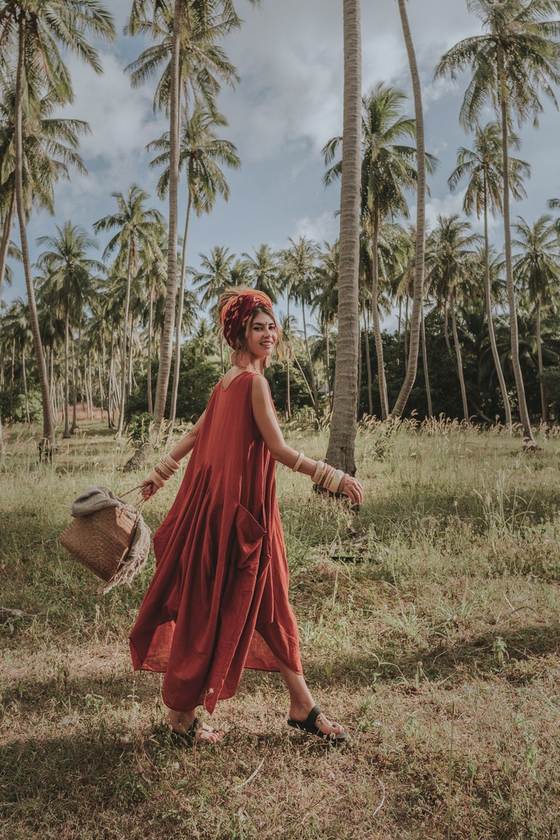 Boho Dress Maxi Wayan with Pockets / Bohemian Dress / Natural Cotton Rust