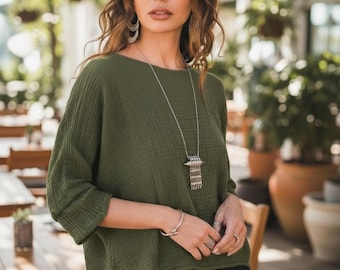 Women's Gauze Cotton Top Shirt Olive / Boho Organic Cotton Top