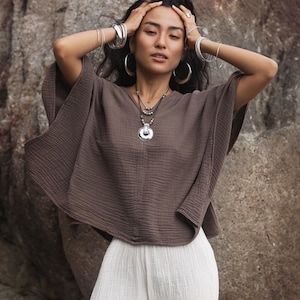 Top de algodón con mariposas para mujer / Top Sola color moca / Gasa de algodón súper suave