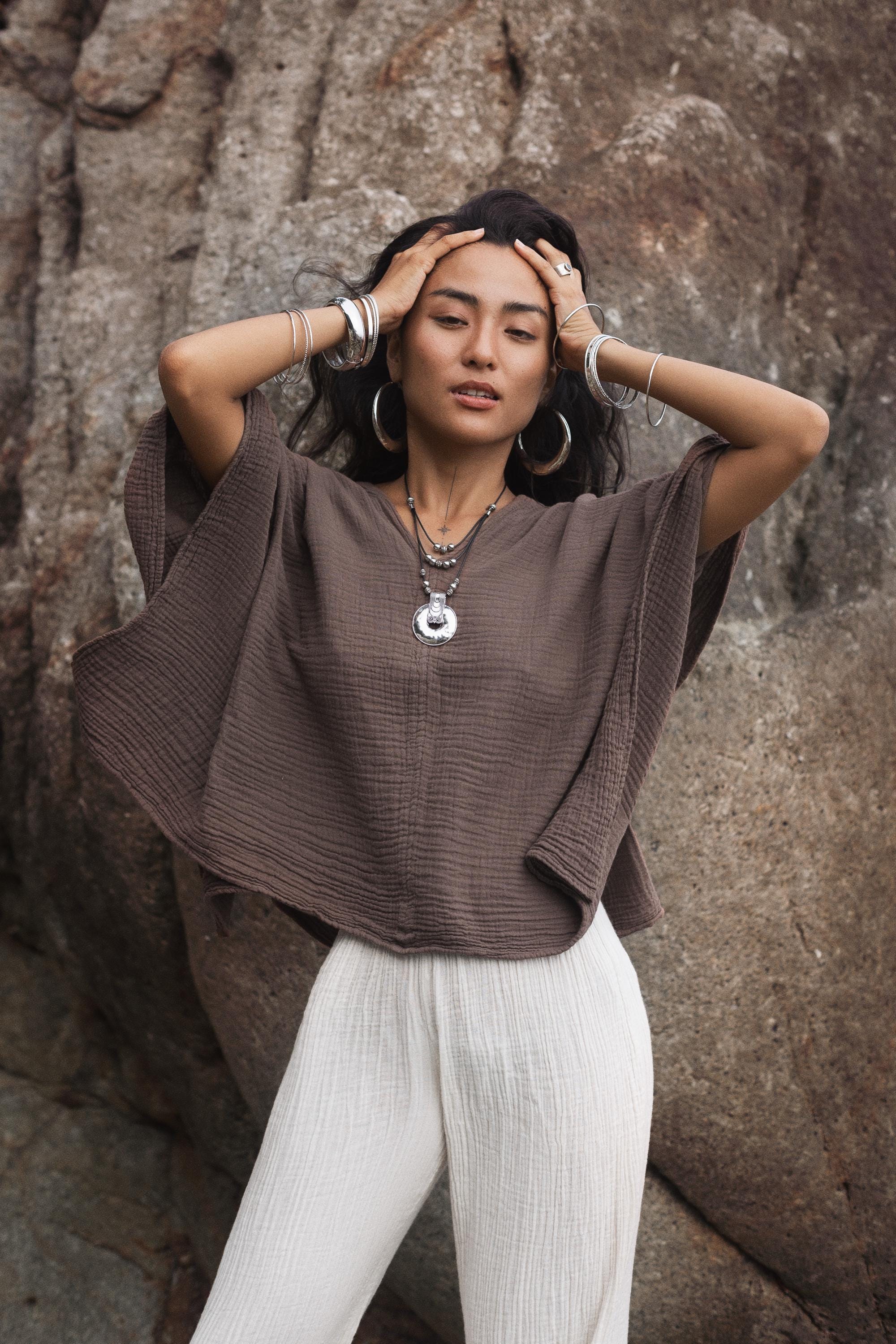 Top in cotone a farfalla da donna / Top Sola Mocha / Garza di cotone super morbida