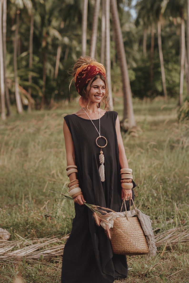 Boho Dress Maxi Wayan with Pockets / Bohemian Dress / Natural Cotton Black