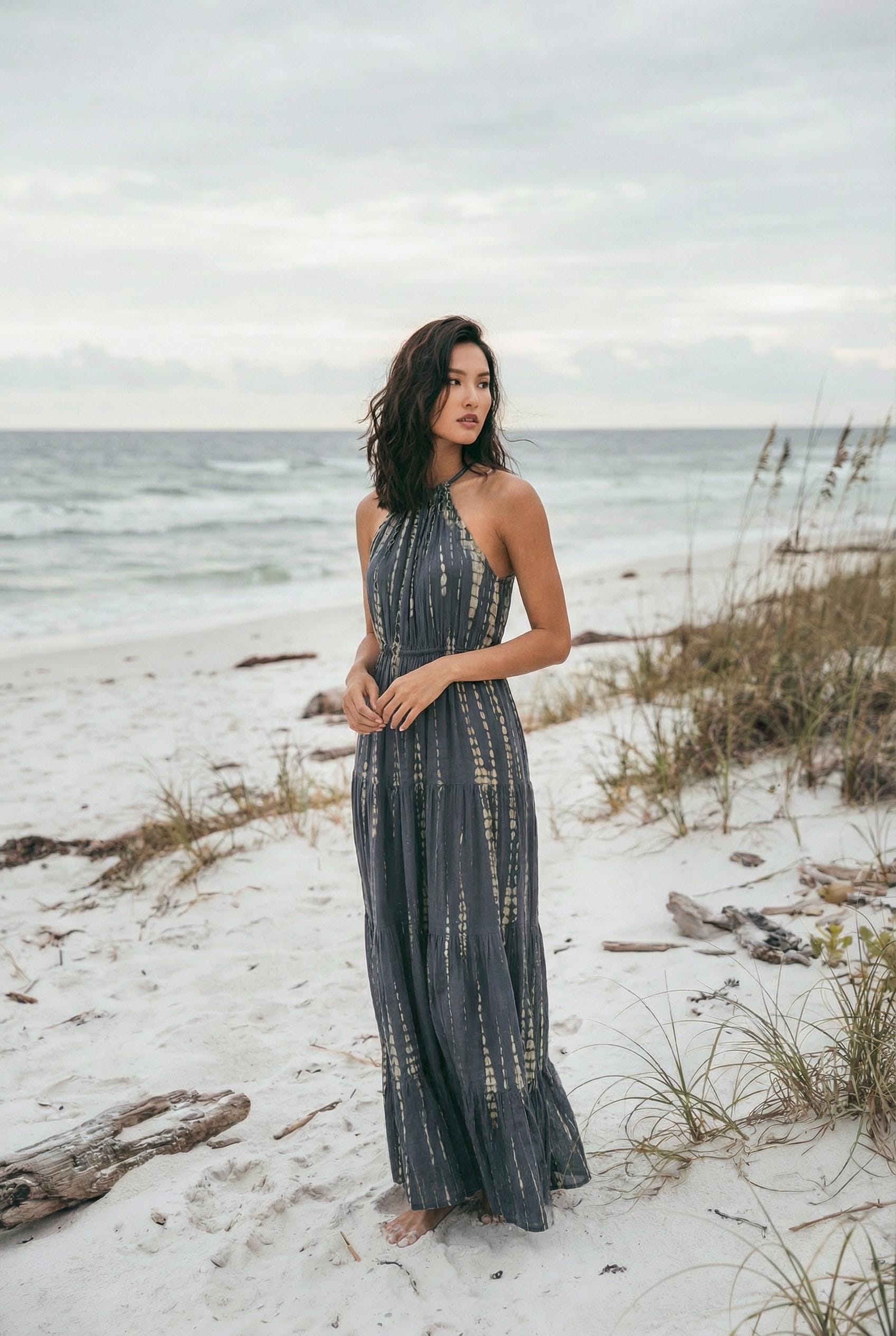 tie dye halter neck dress Tie Dye Print Crossover Halter Neck Ruched Slim Vacation Maxi Dresses-Blue