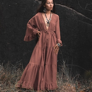 Boho Maxi Dress / Cotton Tiered Dress / Long Sleeve Fall Gown  / Flowy Cottagecore Outfit / Natural Fabric / Aryu Dress