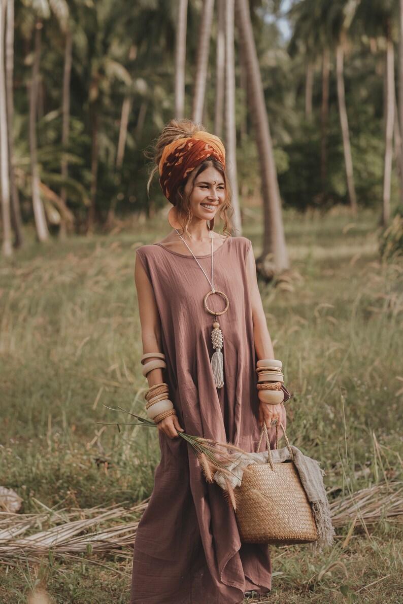 Boho Dress Maxi Wayan with Pockets / Bohemian Dress / Natural Cotton Sandstone