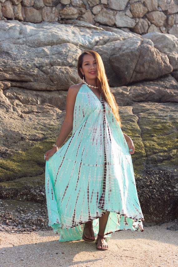 Boho Maxi Dress Turquoise Open Back Dress Summer Tie Dye Dress Etsy UK