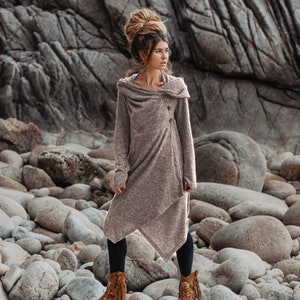 Womens Hooded Sweater Coat Amita In Olive / Half Season Coat Pullover / Bohemian Beige