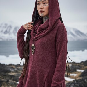 Long Women's Hooded Sweater / Long Boho Coat Dress Bohemian Clothing Red