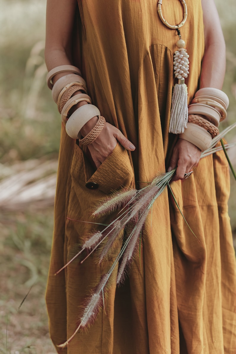 Boho Dress Maxi Wayan with Pockets / Bohemian Dress / Natural Cotton Yellow