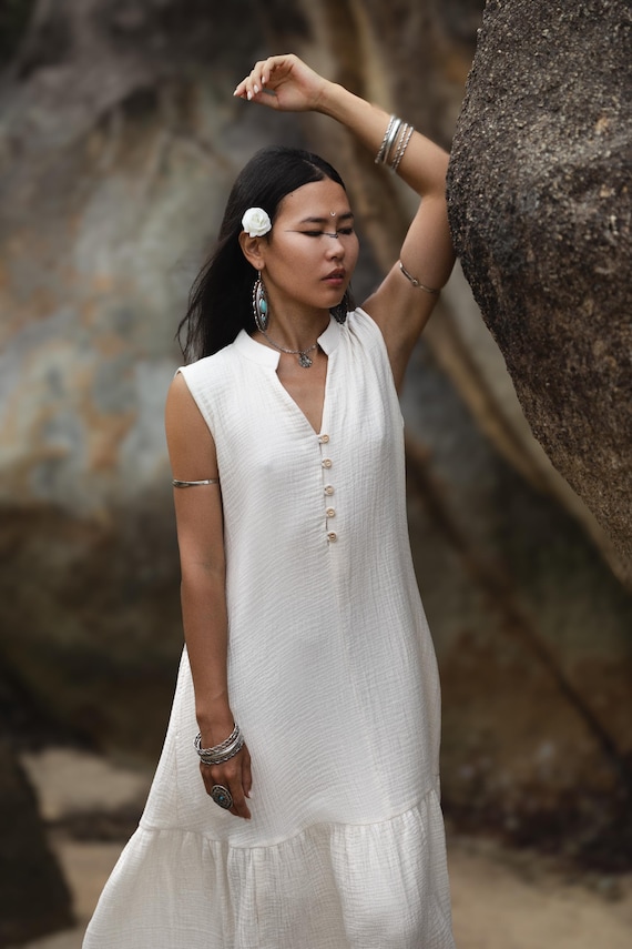 Maxi Cotton Dress with Pockets / Sleeveless Boho Dress Aiyana Cream