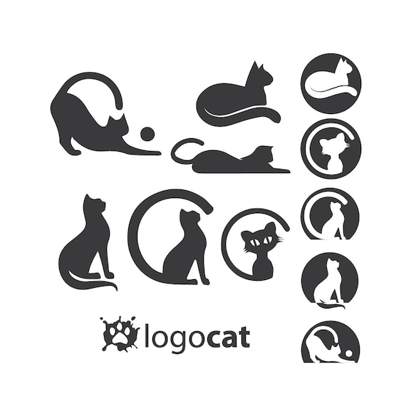 set of cute cats on white background, line style icon vector