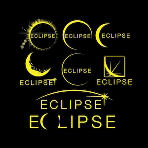 Könnte beinhalten: Eine Sammlung gelber Eclipse-Logo-Designs auf schwarzem Hintergrund. Die Logos zeigen verschiedene Darstellungen von Sonnenfinsternissen, darunter eine Sonne mit Strahlen, Halbmonde und stilisierte Himmelselemente. Das Wort "ECLIPSE" ist in jedem Design enthalten.