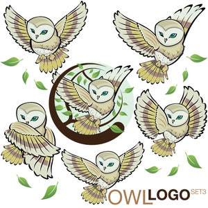 May include: A collection of cartoon owl illustrations in flight, featuring a cream and tan color palette with green accents. The owls have outstretched wings and are surrounded by green leaves. The text "OWL LOGO SET3" is at the bottom.