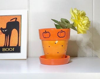 Pumpkin Polka-Dot Flower Pot, Small, Windowsill, Halloween Decor