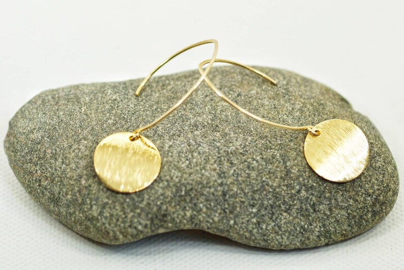 long golden earrings with brushed platelets 14K gold filled 22K gold plated handmade disc pendant earrings