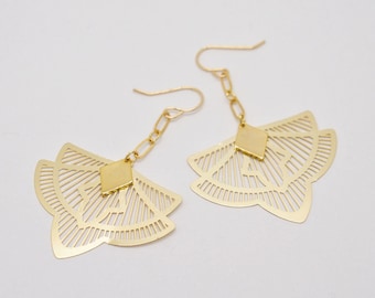 Long Earrings with Ornament Pendant / 18K Gold Plated / Gold Earrings / Geometric Earrings / Minimalist Earrings / Boho Earrings
