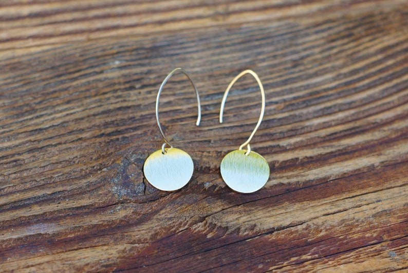 long golden earrings with brushed platelets 14K gold filled 22K gold plated handmade disc pendant earrings
