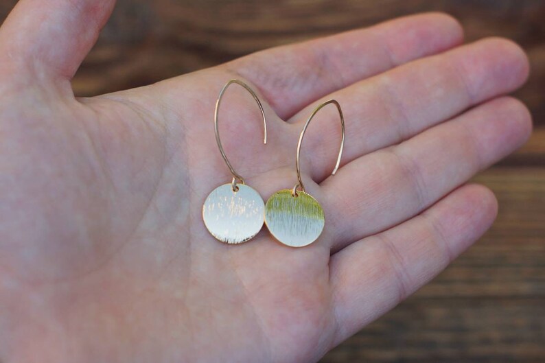 long golden earrings with brushed platelets 14K gold filled 22K gold plated handmade disc pendant earrings